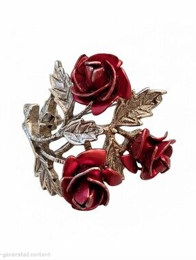 Vintage Detailed Silver Tone Red Rose Cluster Brooch Pin Clasp Women Jewelry